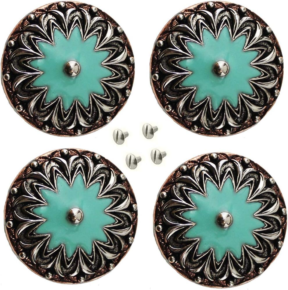 Set of 4 Conchos Western Saddle Tack 1-1/4" Copper Flower Engraved Turquoise Co555