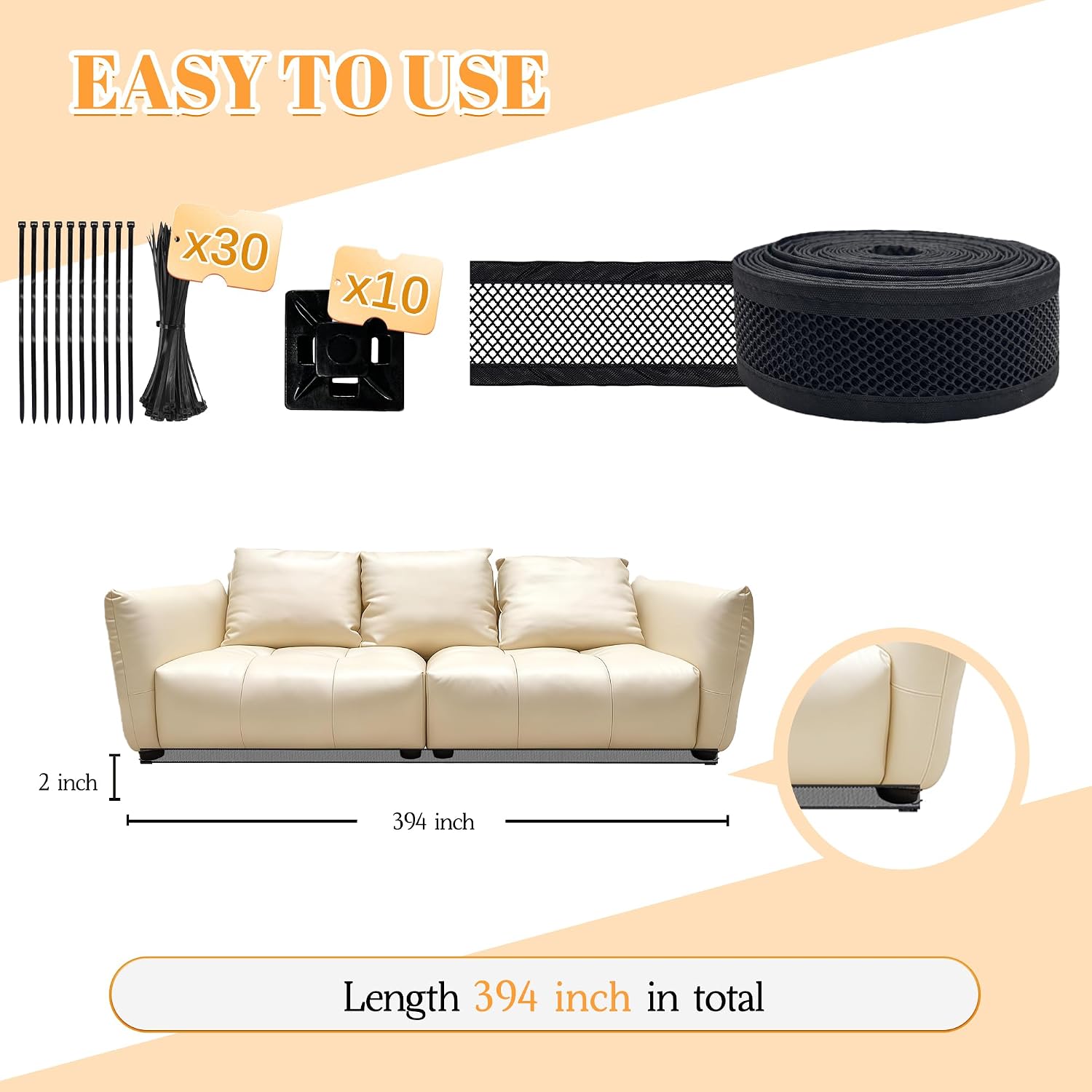 Under Couch Blocker, 2"x 394" Under Furniture Blocker with 30 Cable Ties, Stop Things Going Under Sofa Couch Bed, Couch Blockers for Pets Toys Easy to Install, Black