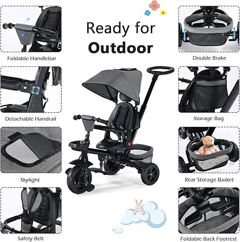 Miniatura 6 de Kinder King Triciclo para niños, triciclo plegable 7 en 1 para niños pequeños con mango de empuje ajustable, asiento giratorio, toldo ajustable,