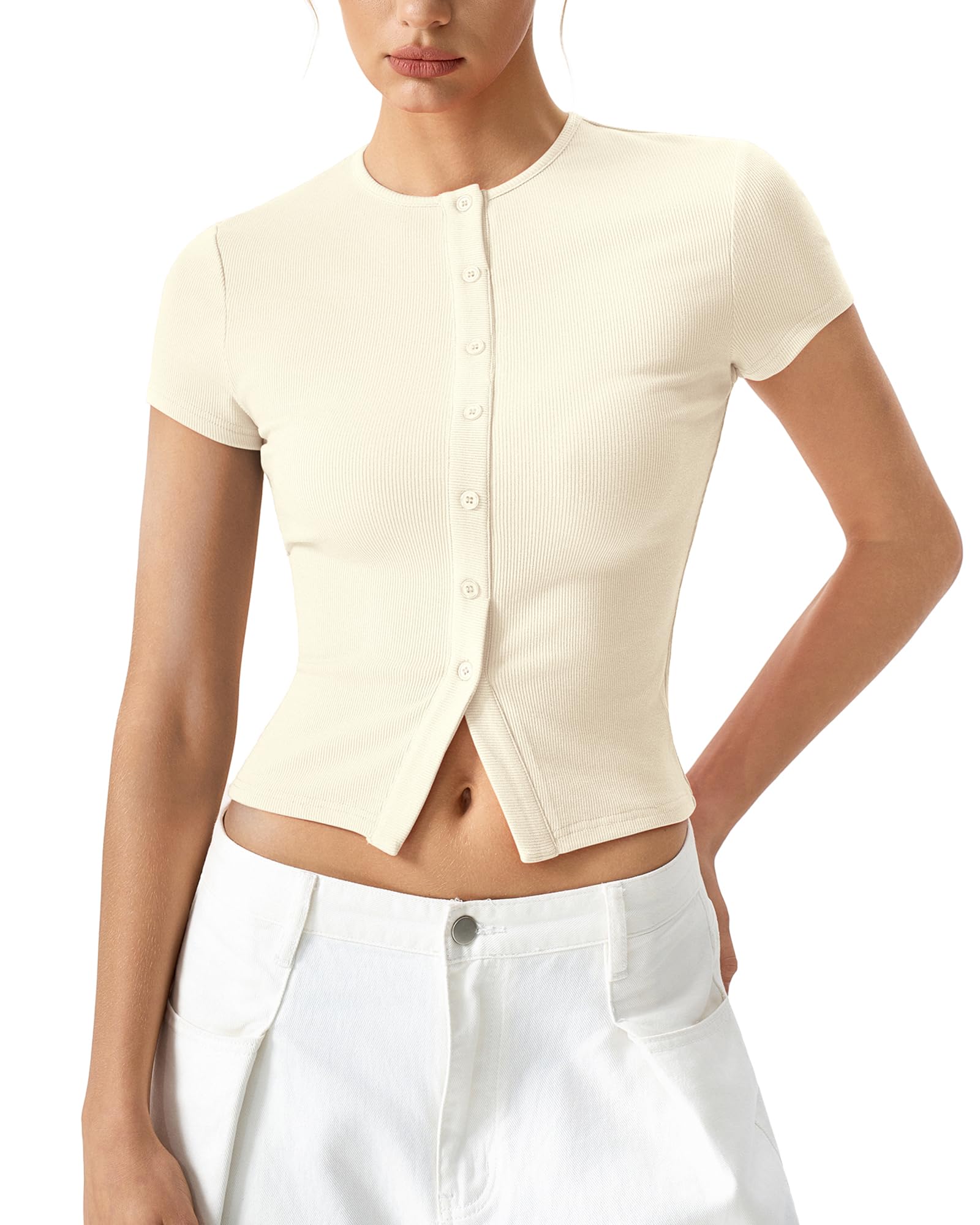 Photo 1 of QINSEN Women's Button-Down Ribbed Knit Top - Beige, S