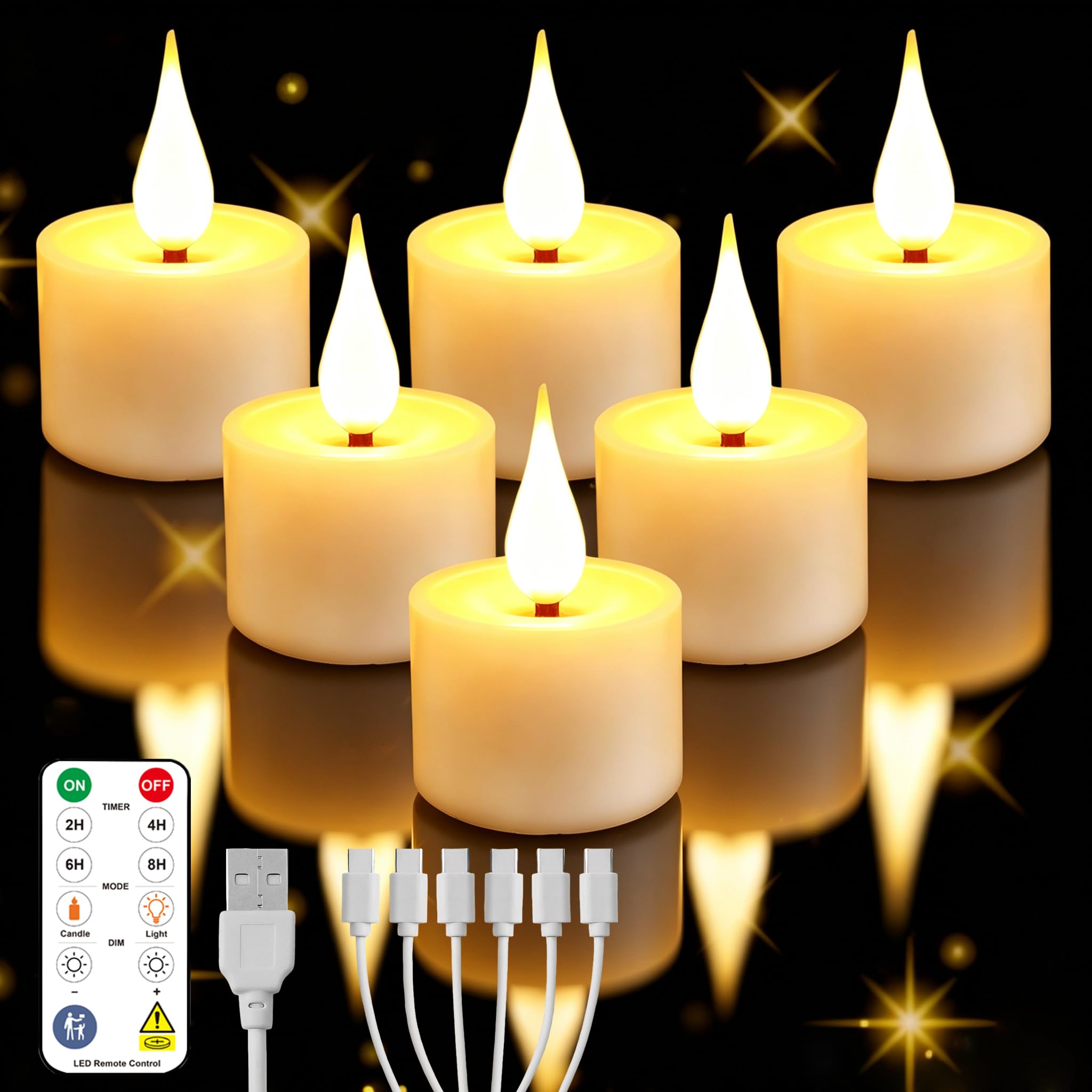 Anmossi 6 Pack LED Tea Lights,Rechargeable Flameless LED Candle Lights Candles Electric with Remote for Party Wedding Birthday Halloween Gifts Home Decoration