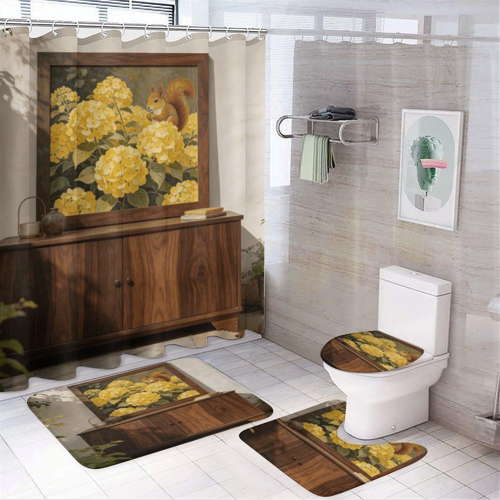 4 Piece Wenge Stil De Grain Yellow Squirrel Hydrangea Bathroom Set Absorbent Bath Mats Non-Slip U-Shaped Mat Toilet Lid Cover Waterproof Oxford Cloth Shower Curtain with 12 Hooks for Bathroom Decor