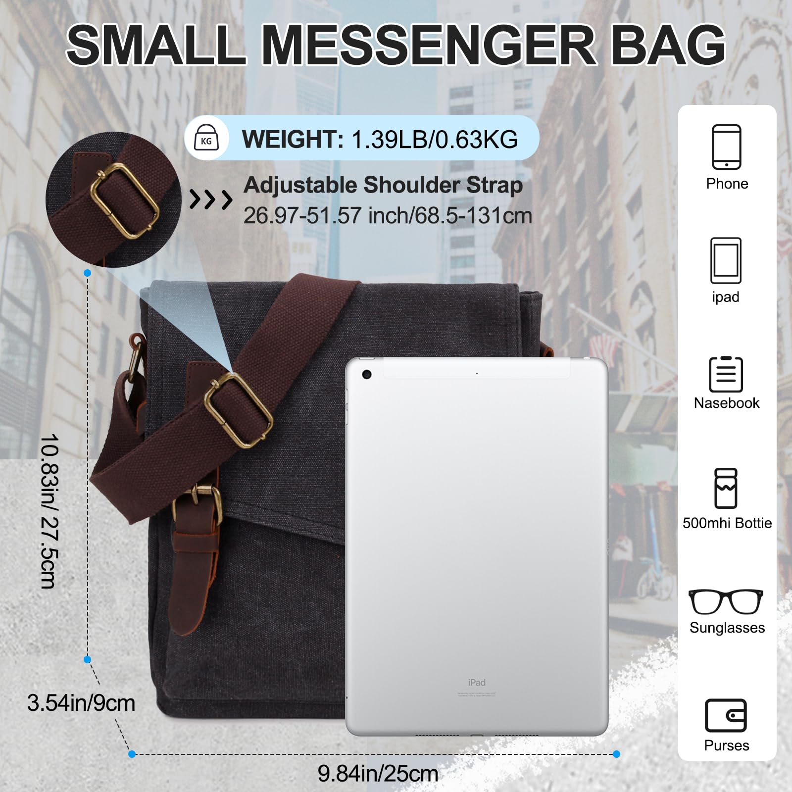Messenger Bag Klein, Wasserfeste Canvas Umhängetasche Herren Damen, Crossbody Bag für Arbeit Schule Reisen