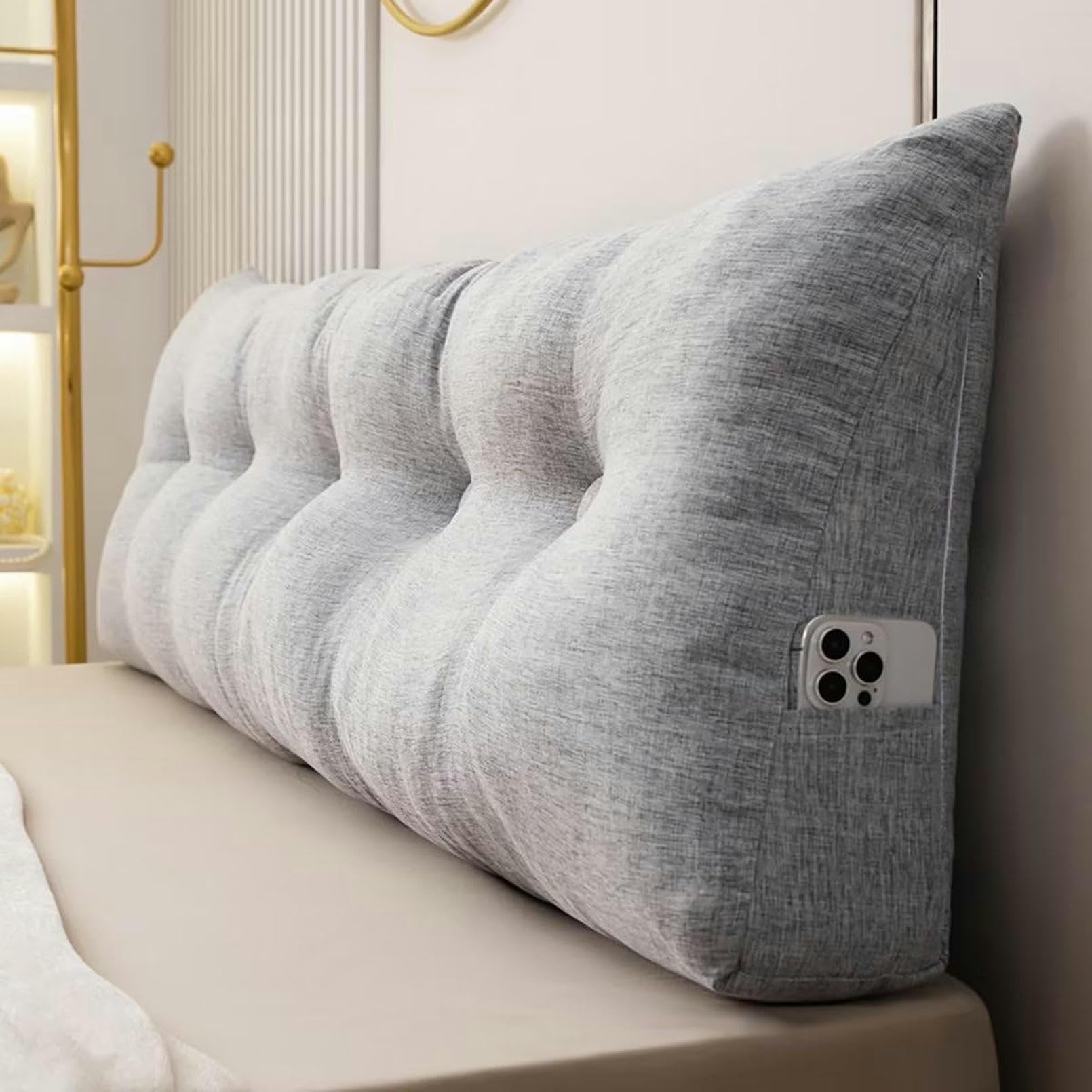 Room Headboard Twin Size Pillow Wedge Headboard Pillow King Size ,Headboard Wedge Pillow With  Pack Neck Roll Pillow Large,Removable Cover,With Two Large Side Pockets  ,Reading, Watching TV, Lounging On Bed, Back Support Pearl Gray