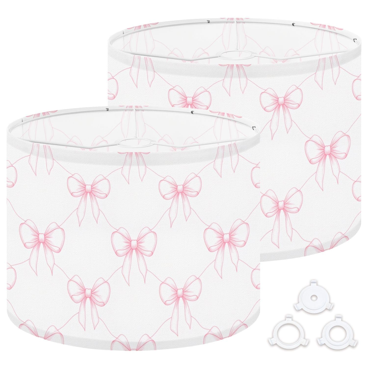 Fabric Round Drum Lamp Shade Cute Coquette Seamless Pink Ribbon Bow Vintage Medium Linen Girls Decorative Replacement Lampshades 13inch Set of 2 for Table Lamps, Floor Lamps,Ceiling Lamp