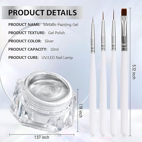 Miniatura 8 de Gel de pintura metálica de 0.3 fl oz, esmalte de uñas de gel pintado en plata, esmalte de uñas de espejo, gel de pintura de metal 3D con 4 pinceles