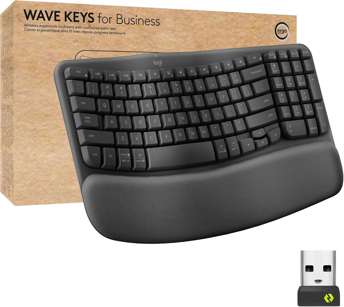 Teclado ergonómico Logitech Wave Keys para empresas - Grafito | Reposamanos acolchado, tecnología segura Logi Bolt, compatible con Windows/Mac/Chrome/Linux, para empresas