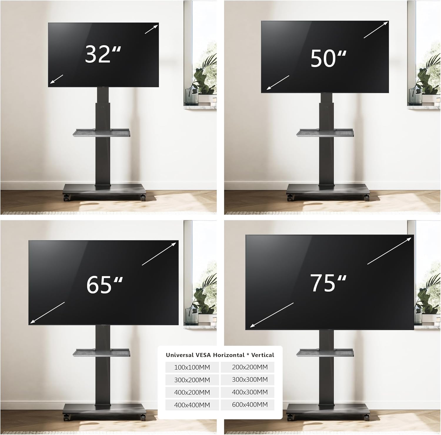 FITUEYES Rolling TV Stand for 32-75 Inch TVs - Mobile TV Cart with Wheels, Swivel and Vertical and Horizontal Rotation, Portable TV Stand on Wheels up to 88lbs