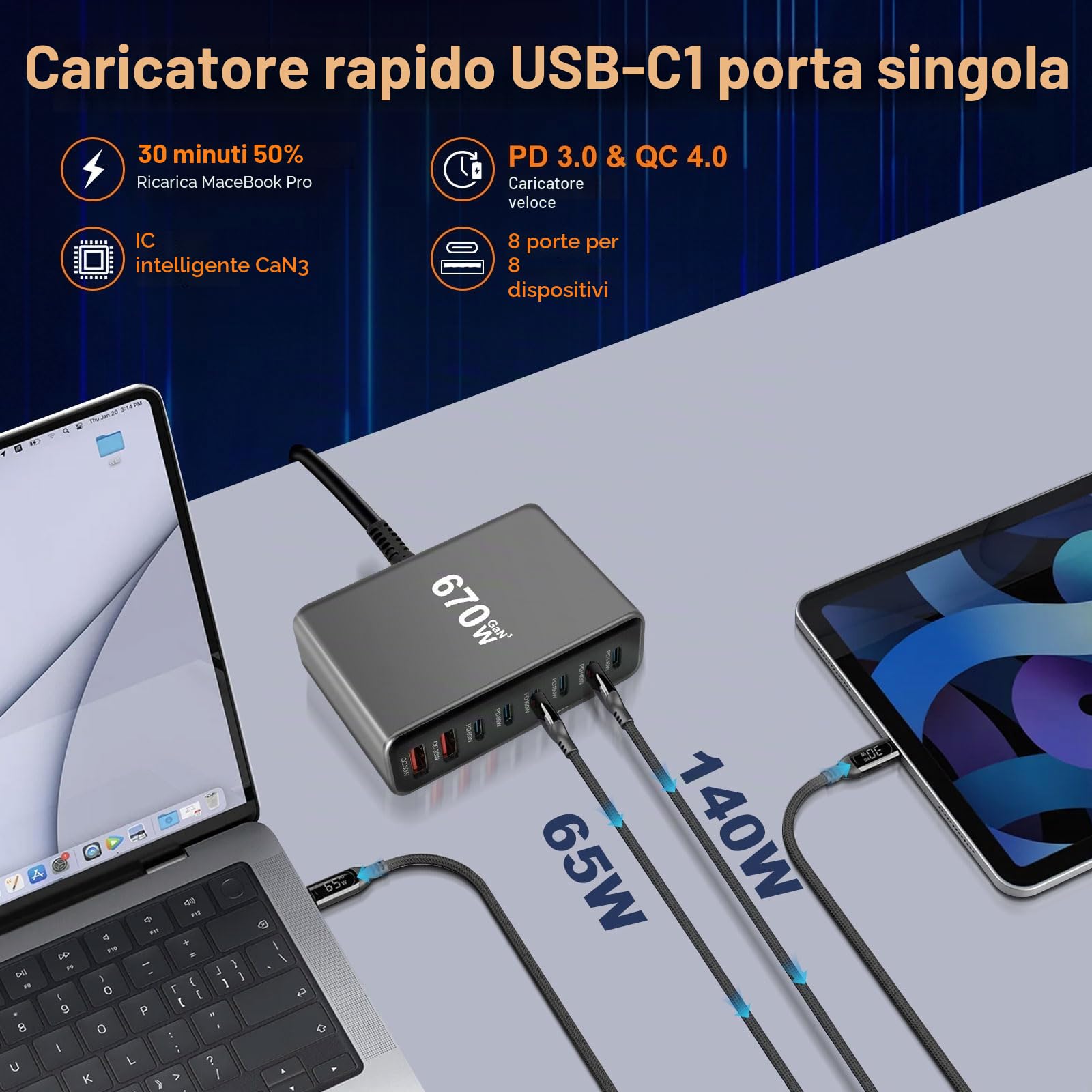 Caricatore USB C multiuso, 670 W, 8 porte, ricarica rapida per MacBook Pro/Air, iPad Pro/Air, Sumsung ecc, nero