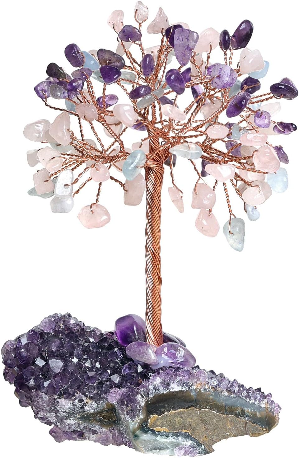 Nupuyai Natural Crystal Money Trees with Amethyst Cluster Base, Decorative Crystal Stone Figurine for Desk Home Office Decor, Tricolor