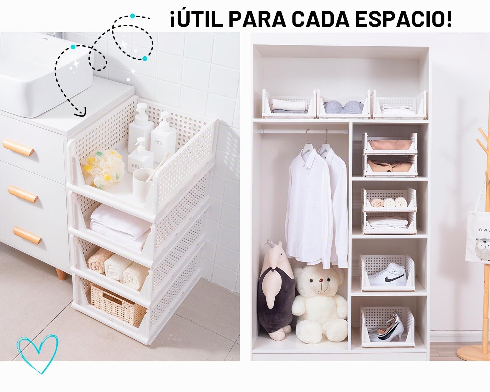 Organizador de Armario Apilable. Pack de 4 Cajas de Almacenaje para Ropa. Cajoneras de plástico plegable. Cajas Organizadoras Ahorra Espacio. (L-44x34x18,5)