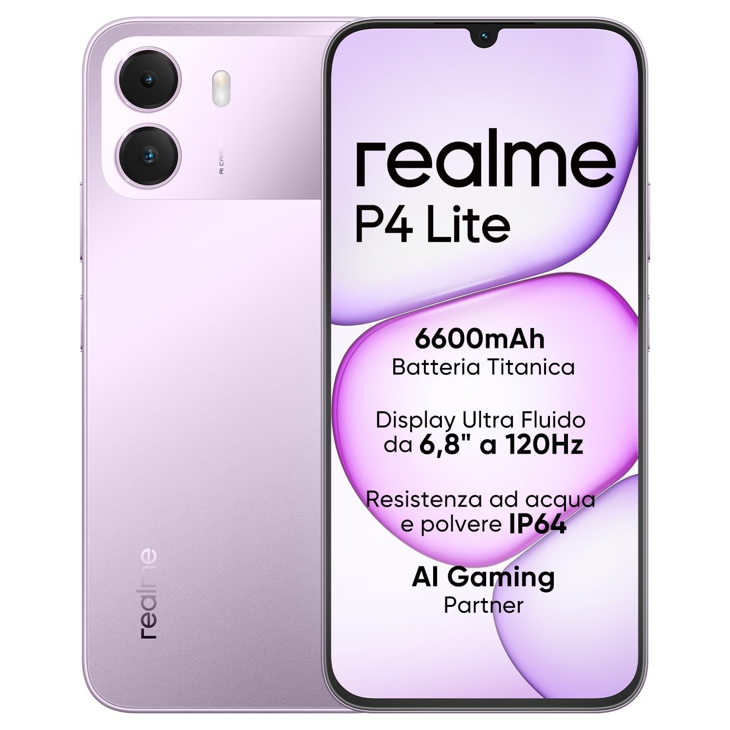 Smartphone realme P4 Lite 4G, 4GB+256GB, Display LCD HD 120Hz 6,8", Batteria Titan 6600mAh, Ricarica 15W, Ricarica inversa 6W, IP64, Sistema Next AI, Viola Pulse (Senza caricabatterie)