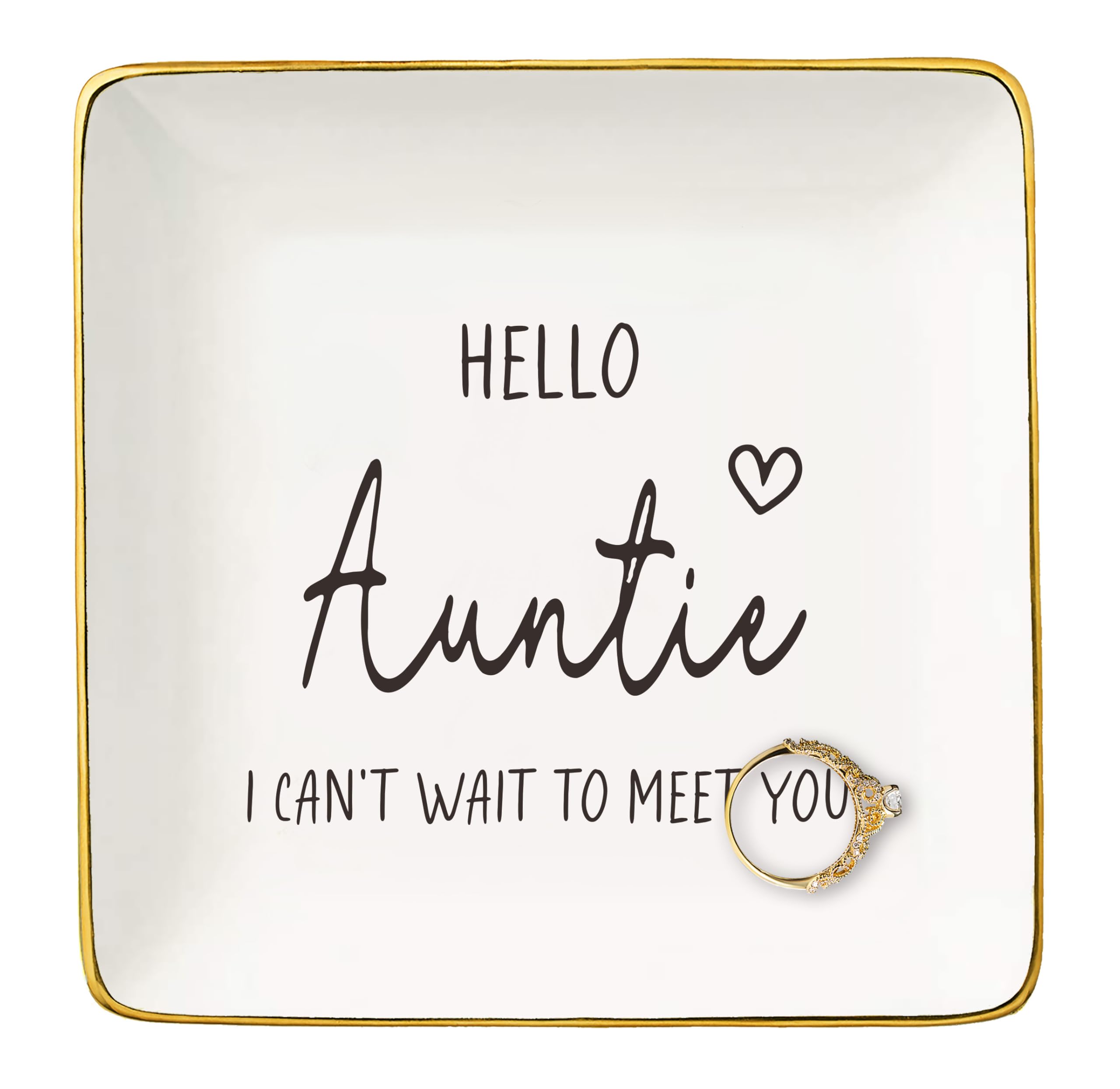 Nzy Women's White Hello Auntie I Can't Wait To Meet You-Promoted To Aunt-Pregnancy Announcement Gift-Surprise Gifts For Aunt,Sister,Friends-Baby Reveal Gifts-Christmas Gift-Jewelry Tray Trinket Holder Ring Dish
