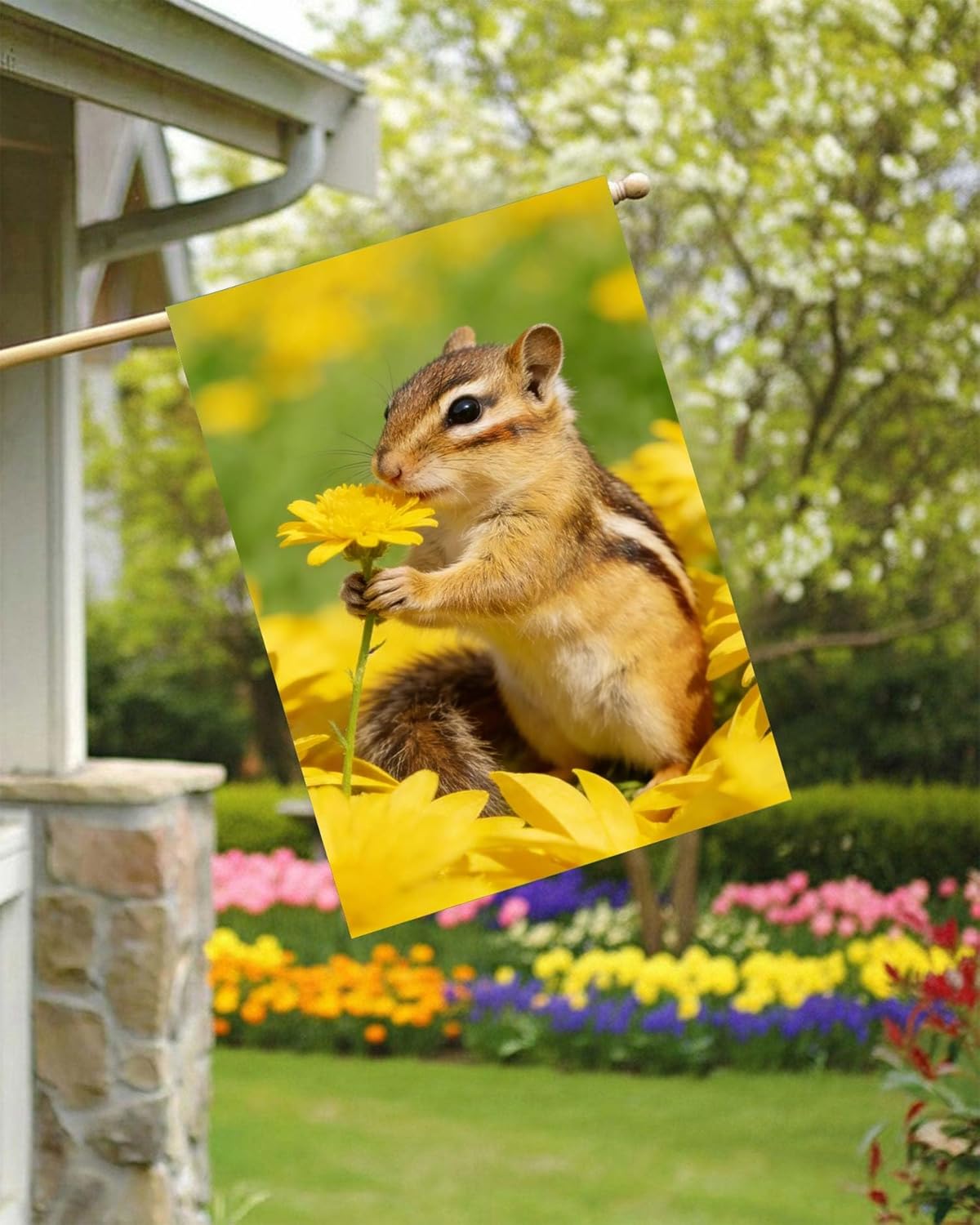 Spring Nature Animal Flowers Sunflowers Wildlife Squirrel Seasonal House Flag 28" x 40" Double Sided Polyester Welcome Large Yard Garden Flag Banners for Patio Lawn Home Outdoor Decor