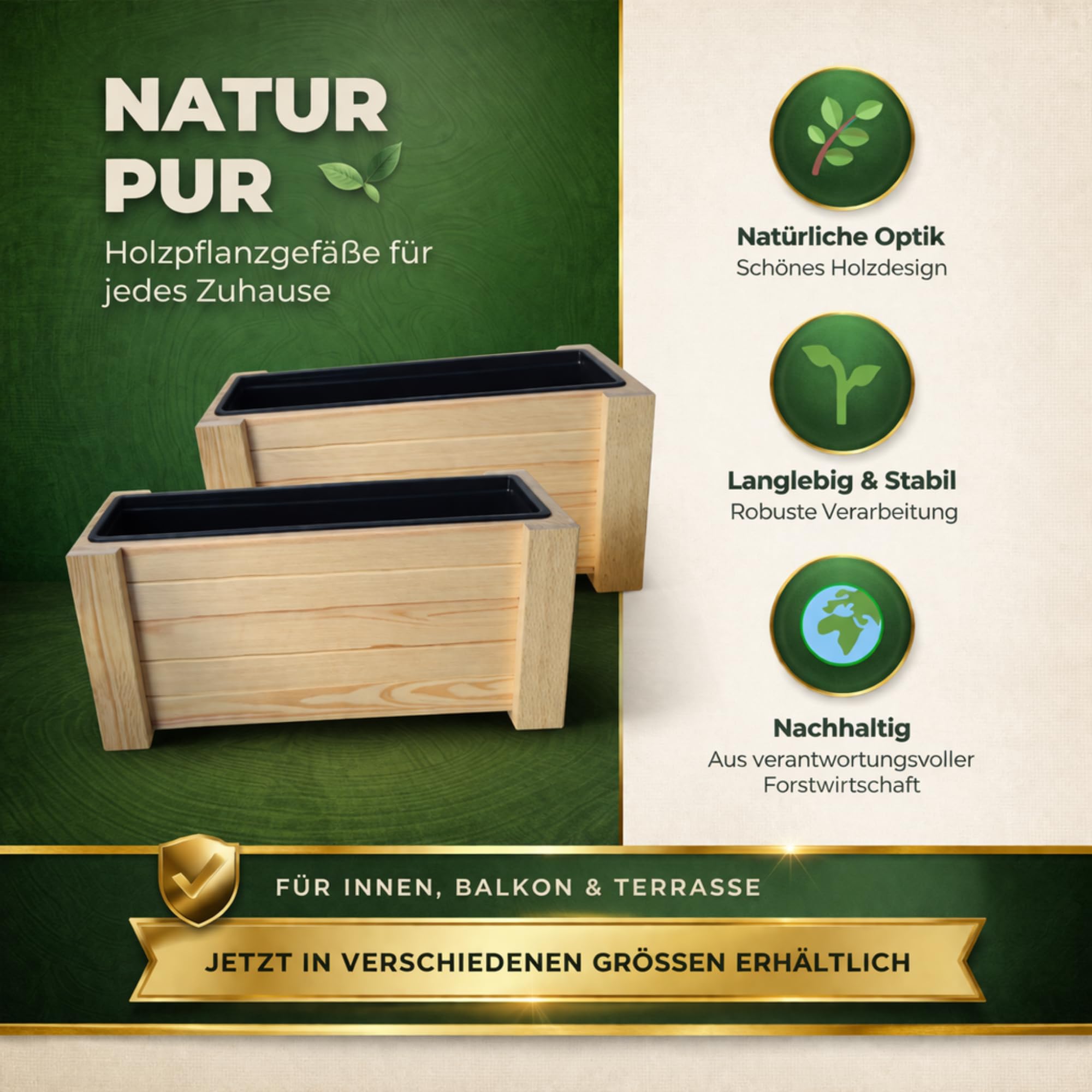 Holz Pflanzkübel Groß Außen 82,5 x 21,5 x 25 cm Pflanzkasten Blumenkübel Outdoor Rechteckig Blumenkasten für Garten Balkon und Terrasse Rohholz
