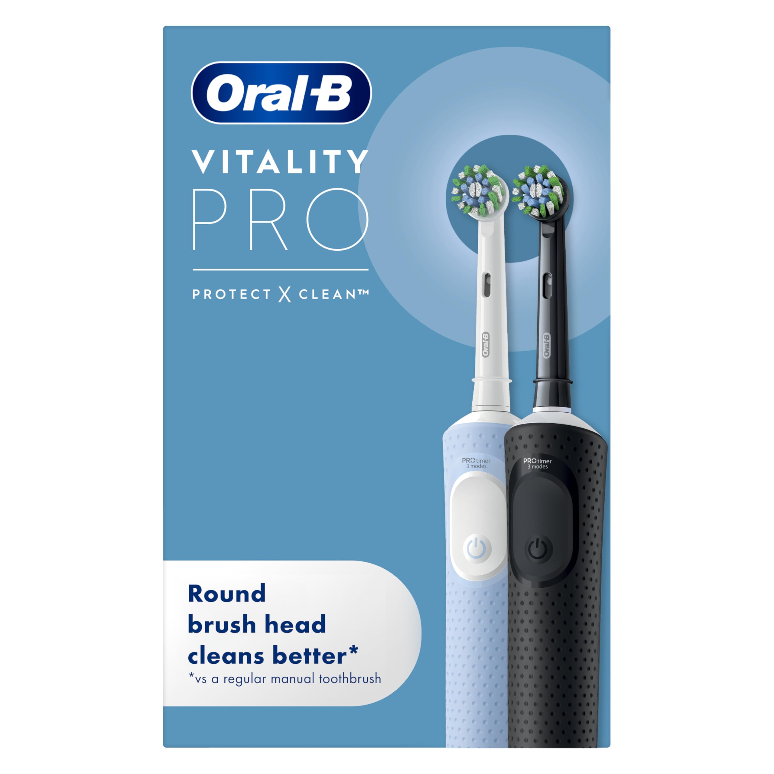 Vitality Pro 2x Electric Toothbrushes For Adults, 2 Toothbrush Heads, 3 Brushing Modes Including Sensitive Plus, 2 Pin UK Plug, Black & Blue