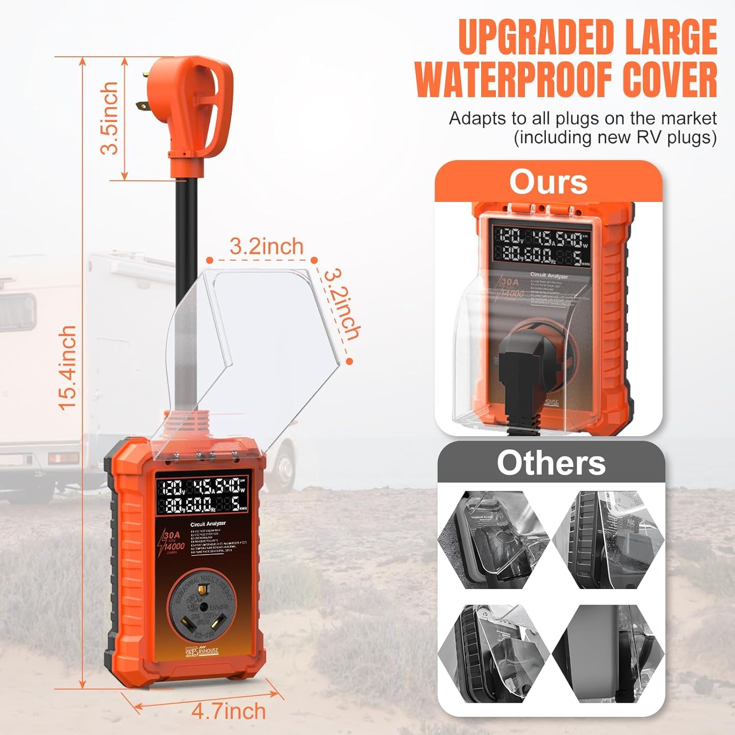 30 Amp RV Surge Protector 14,000J with Smart LED Display & Real-Time Voltage/Current/KWH Monitoring, Auto Shutoff/Reset, High/Low Voltage, Waterproof, Circuit Analyzer, Clear Error Codes for Campers