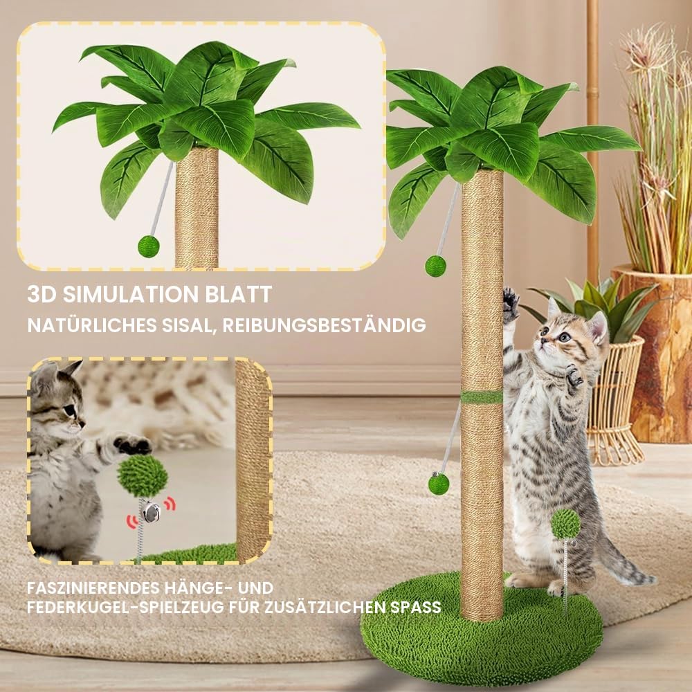 Kratzbaum für Katzen, 82 cm hoch, mit Premium-Sisalseil, zwei interaktiven baumelnden Bällen und Federballspielzeug für Indoor-Kätzchen und Katzen