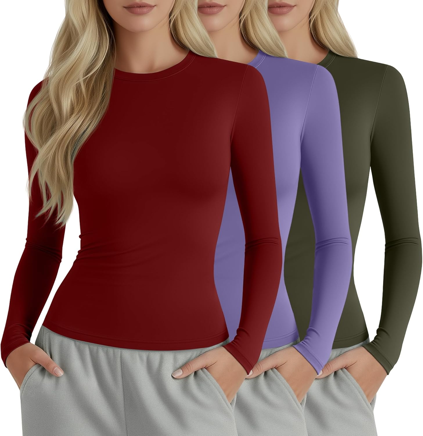 Baggyfly 3 Pack Womens Compression Shirts Long Sleeve Crew Neck Tops Slim Fit Undershirts Workout Yoga Athletic