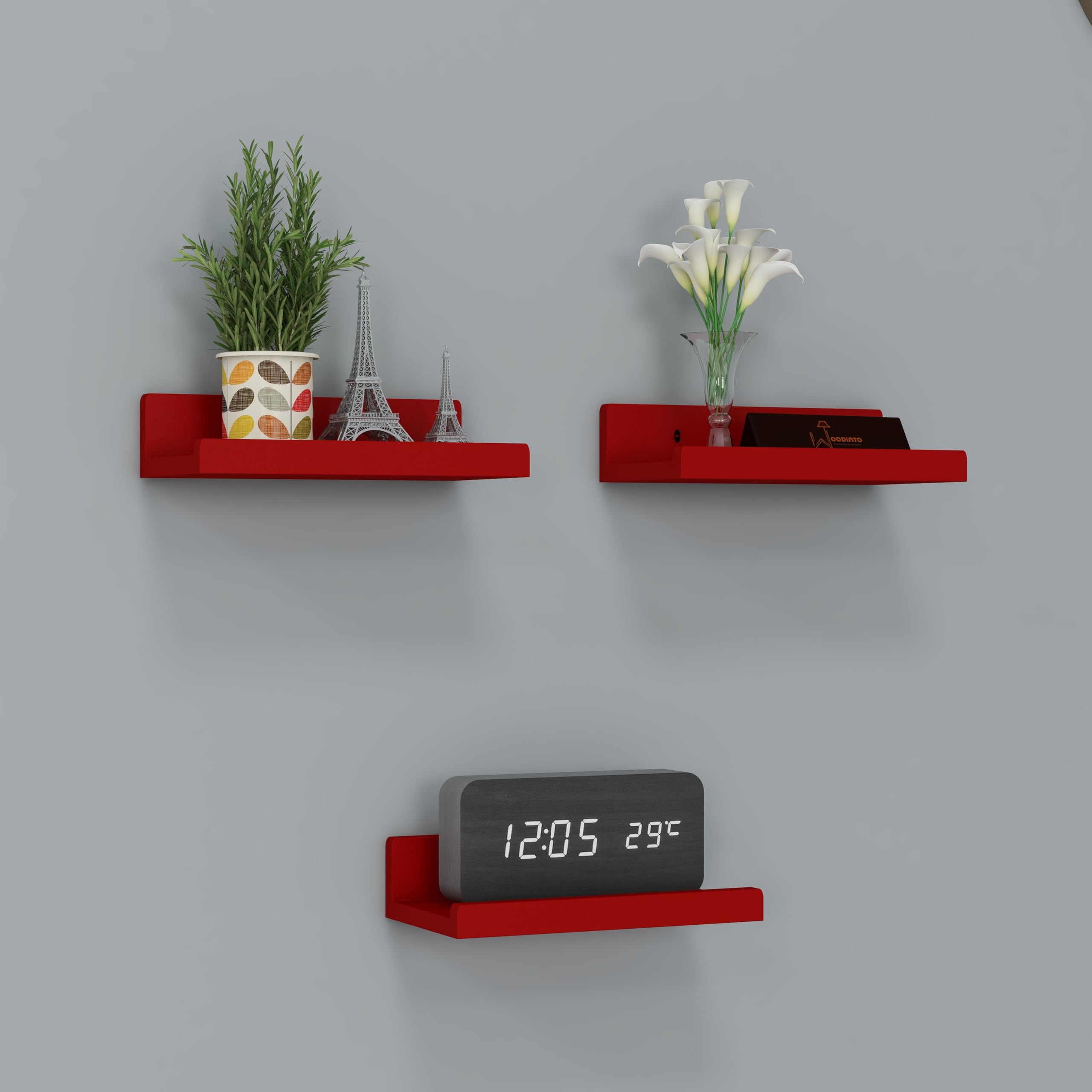 8 Inch Hanging Floating Wall Mount Display U Shape Wall Shelf, Engineered Wood Wall Rack Shelf for Living Room Decoration, Showcase and for Storage (8 Inch) Set of 3 (Black) (Red)-image-24
