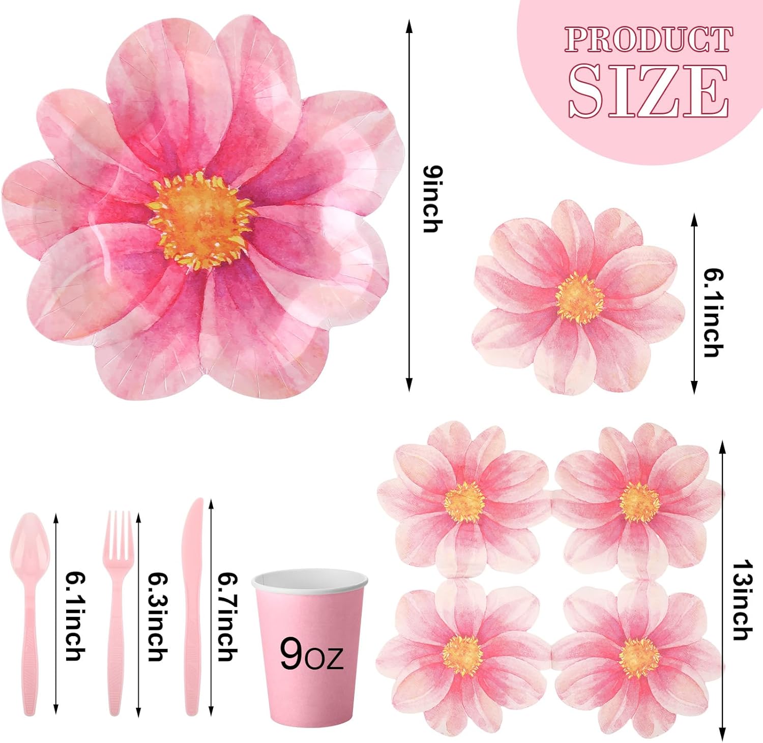 Sieral 144 Pcs Flower Party Supplies Include Disposable Flower Paper Plates Decorative Pink Floral Plates Napkins Cups and Cutlery for Bridal Baby Shower Wedding Birthday Summer Tableware Decoration