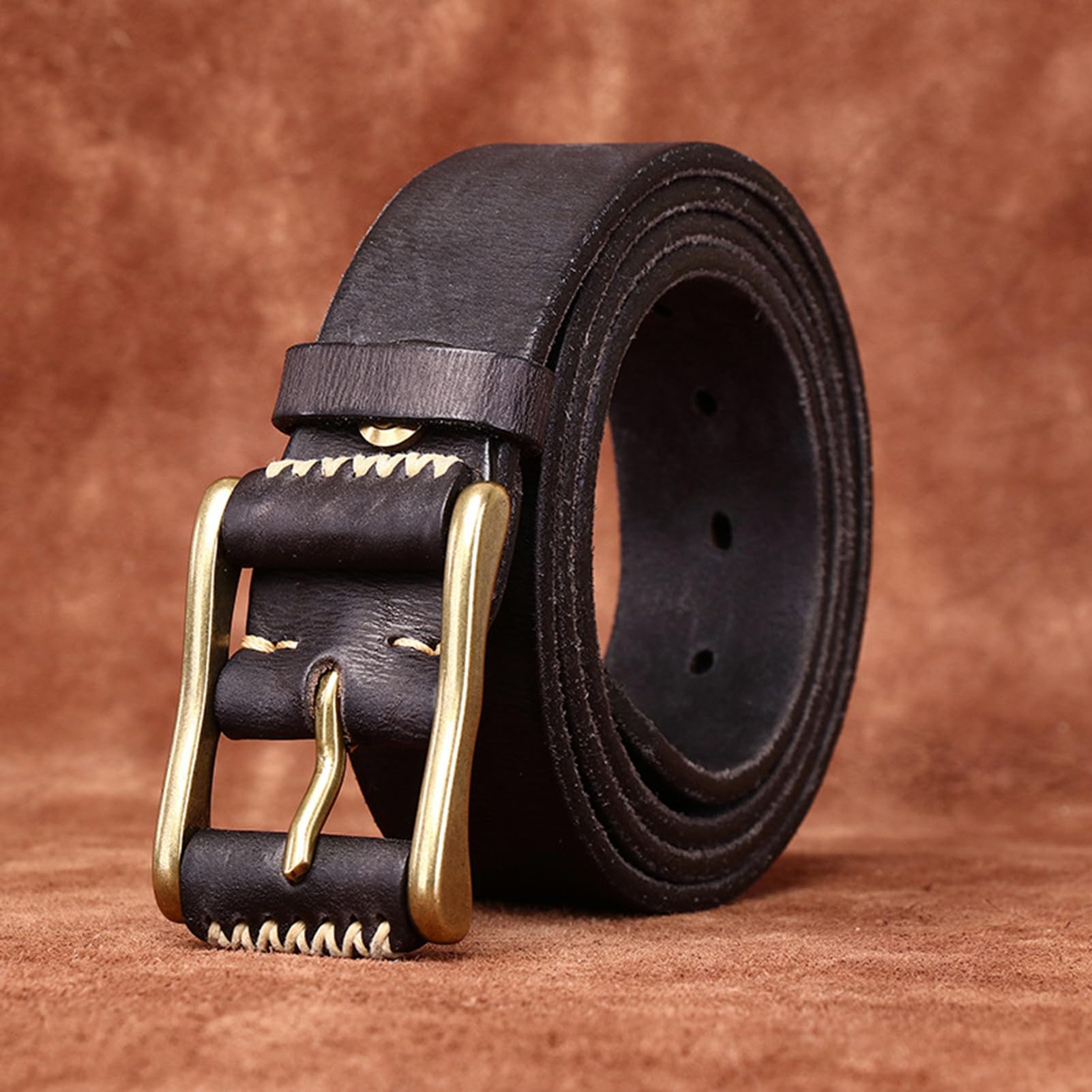 AGUTALITHIC Full Grain Leather Jean Belt,5mm Thick Handmade Vintage Distressed Texture Stitch Belt with Leather Roller Buckle(110cm/43, Black)