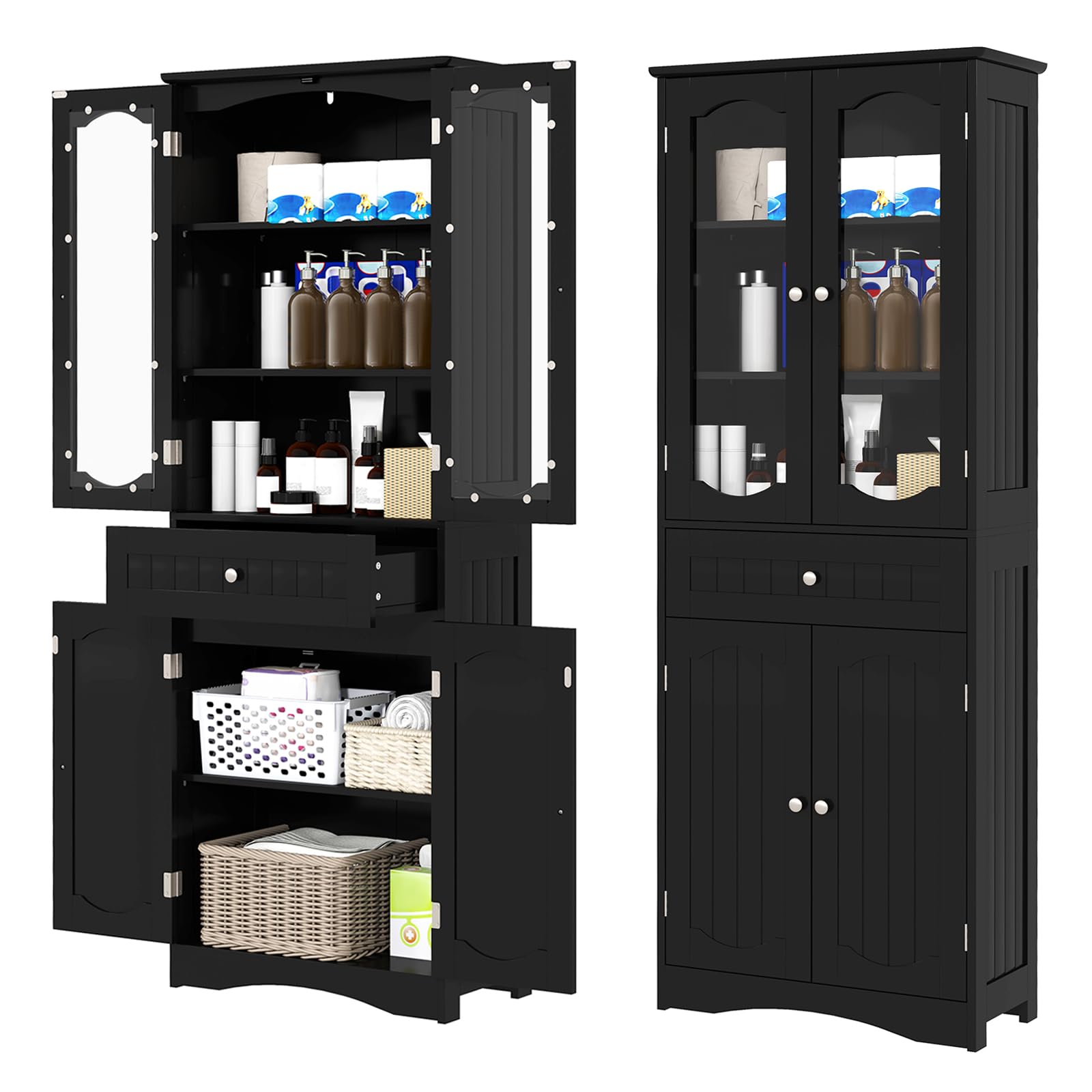 GOPLUS Armario de Baño Alto de 160 CM, Armario de Almacenamiento Independiente con Puertas de Vidrio Templado, Estantes Ajustables y Cajón Grande, Organizador Estrecho para Cocina (Negro)