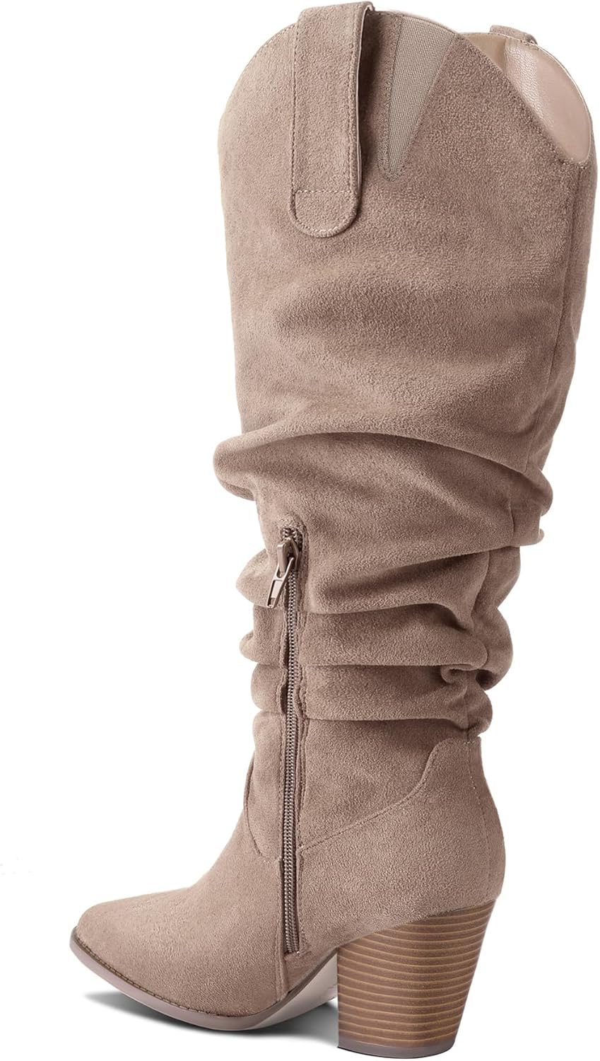 mysoft Women's Wide Calf Knee High Boots Cowgirl Low Chunky Stacked Heel Wide Width Pointed Toe Slouchy Tall Boots with Zippers