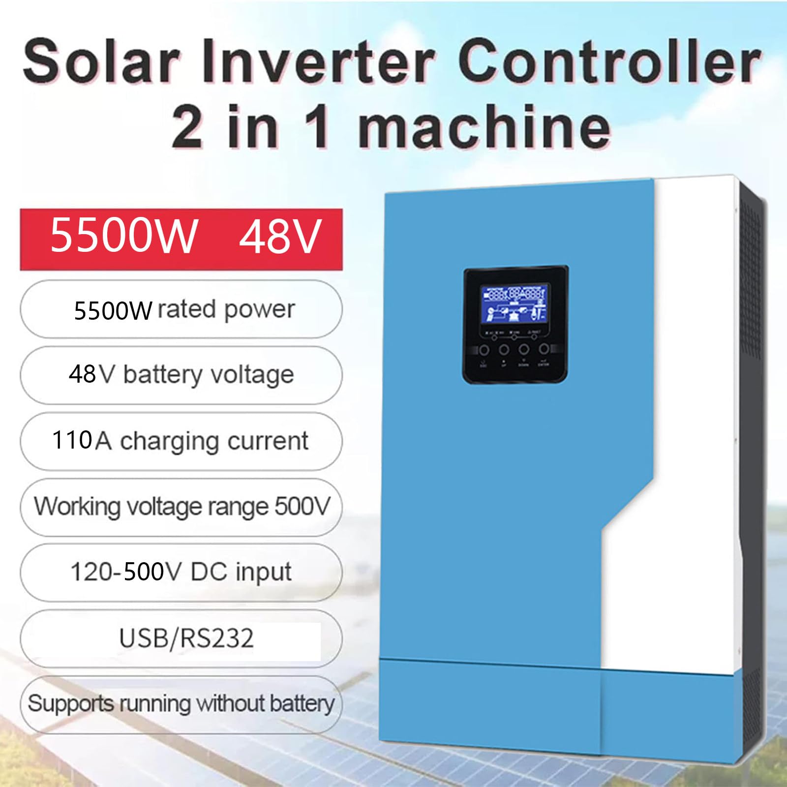 Inverter Ibrido a Onda Sinusoidale Pura MPPT da 5500 VA/5500 W con Caricabatterie Solare MPPT da 110 A, Convertitore Solare da CC 48 V a 220 V CA, Max PV 6000 W CC 120-500 V