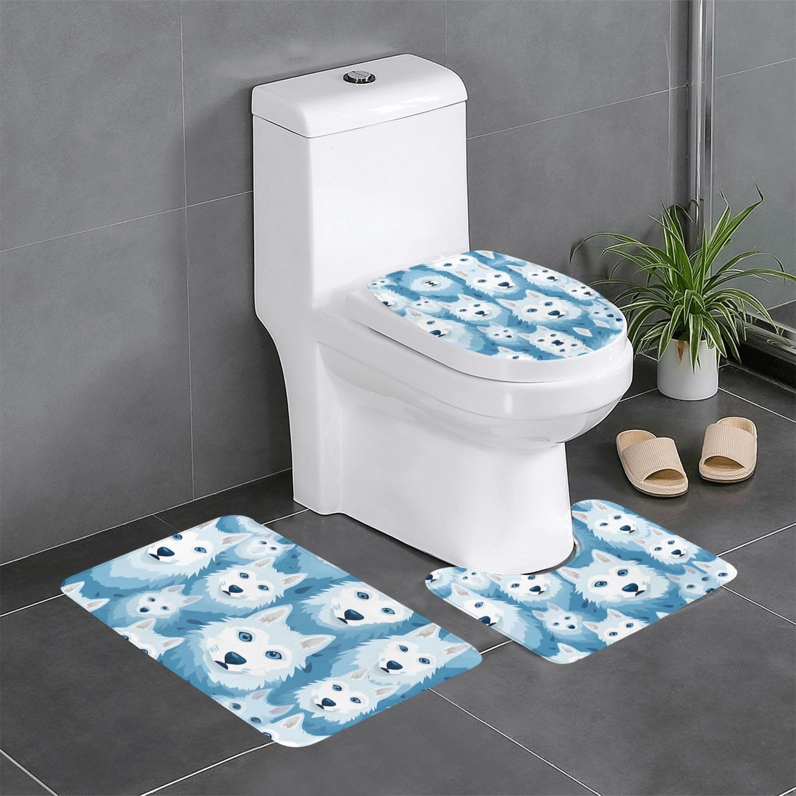 Tapis de salle de bain 61x40,6 cm lavable motif husky bleu et blanc
