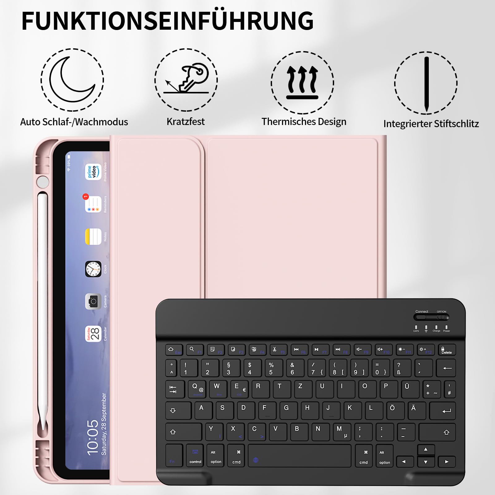 Etui z klawiaturą do iPad Air 11" 2024/2025 (M2/M3), do iPad Air 5./4. generacji 2022/2020 10,9", z miękkiej TPU z uchwytem na rysik, odpinanym klawiaturą Bluetooth QWERTZ, różowe