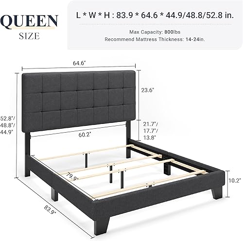 Miniatura 2 de Allewie - Base de cama de tamaño Queen con paneles, cabecera ajustable para alto perfil/tapizada en tela/cabecera acolchada con costura