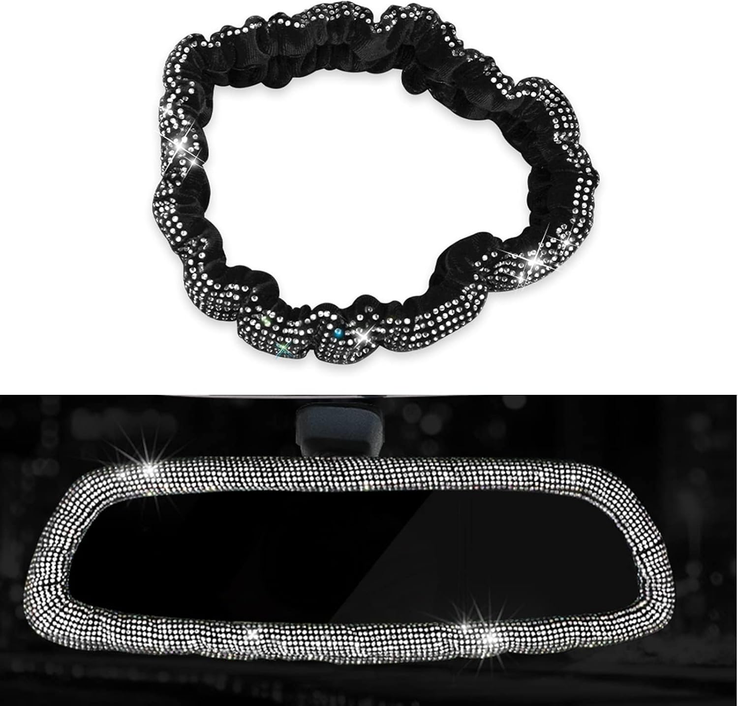 Bling Car Rearview Mirror Cover, Women's Full Drill Head Pillow Cover, Crystal Rhinestone Bling Car Interior Accessories for Women Universal Fit - white