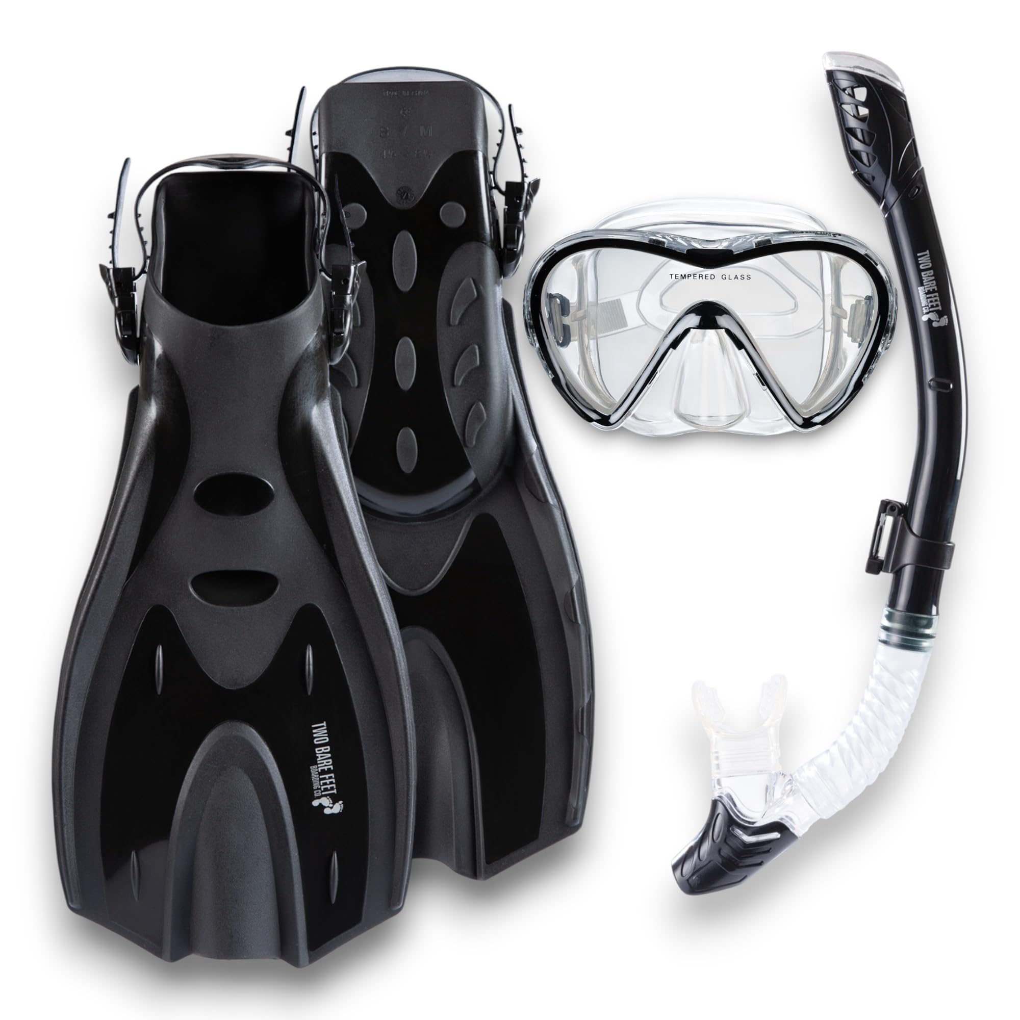Two Bare Feet Adults 3 Piece Silicone Mask, Snorkel and Fins Diving Set, Anti Fog Anti Leak Snorkelling Set - Style 3 (Black, Pro Dive Snorkel, S/M UK4.5-8.5)