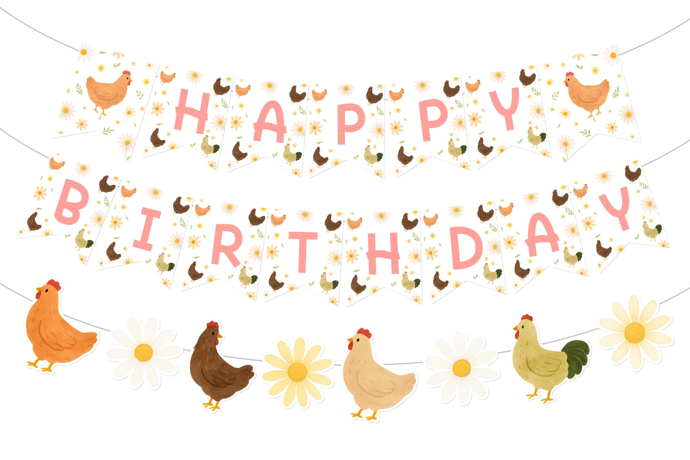Chicken Birthday Banners, Floral Chicken Party Decoraitons Barnyard Farm Animal Happy Birthday Banner Garland for Hen Flower Theme Girls 1st 2nd 3th Bday Party Supplies