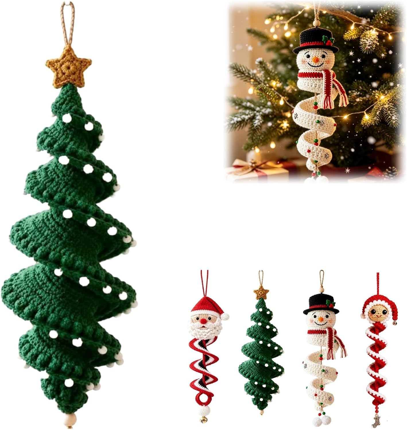 Crochet Snowman Spiral Ornament DIY Kit Beginner Friendly Christmas Santa Tree Spiral Hanging Decor Craft Set with Soft Yarn for Window Porch Wall Holiday Tree Holiday Decor Gift (Christmas Tree)