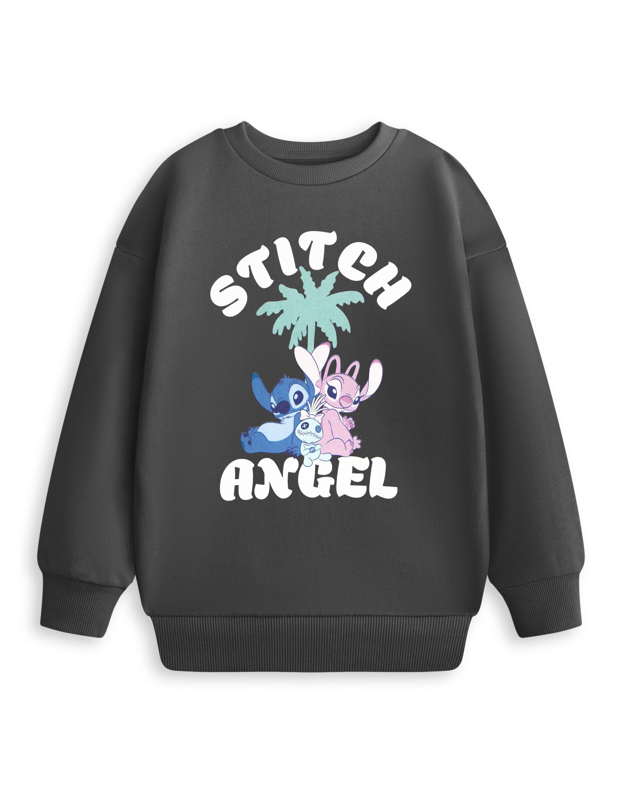 Disney Girls Charcoal Stitch & Angel Sweatshirt In Grey | Lilo & Stitch Long Sleeve Crew Neck Top | Casual Cartoon Apparel Featuring Stitch And Angel Characters | Stitch Merch - 3-4 Years