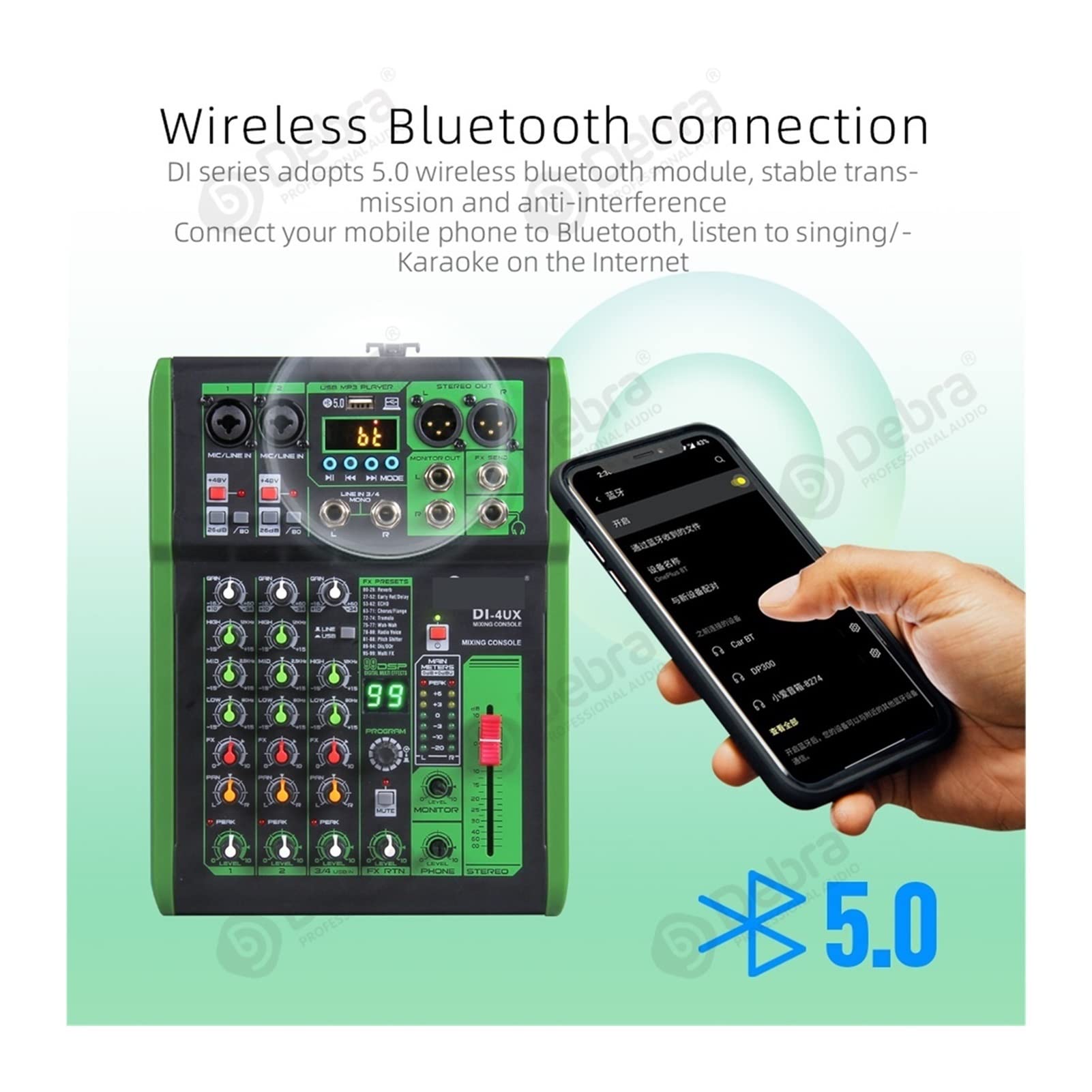 Kontroler miksera DJ Pro Mixer Audio z 99 DSP Efekty cyfrowe USB mp3 Wkład do studia nagrań Karaoke na żywo Karaoke do streamingu/podcastów/gier, telefonu, komputera