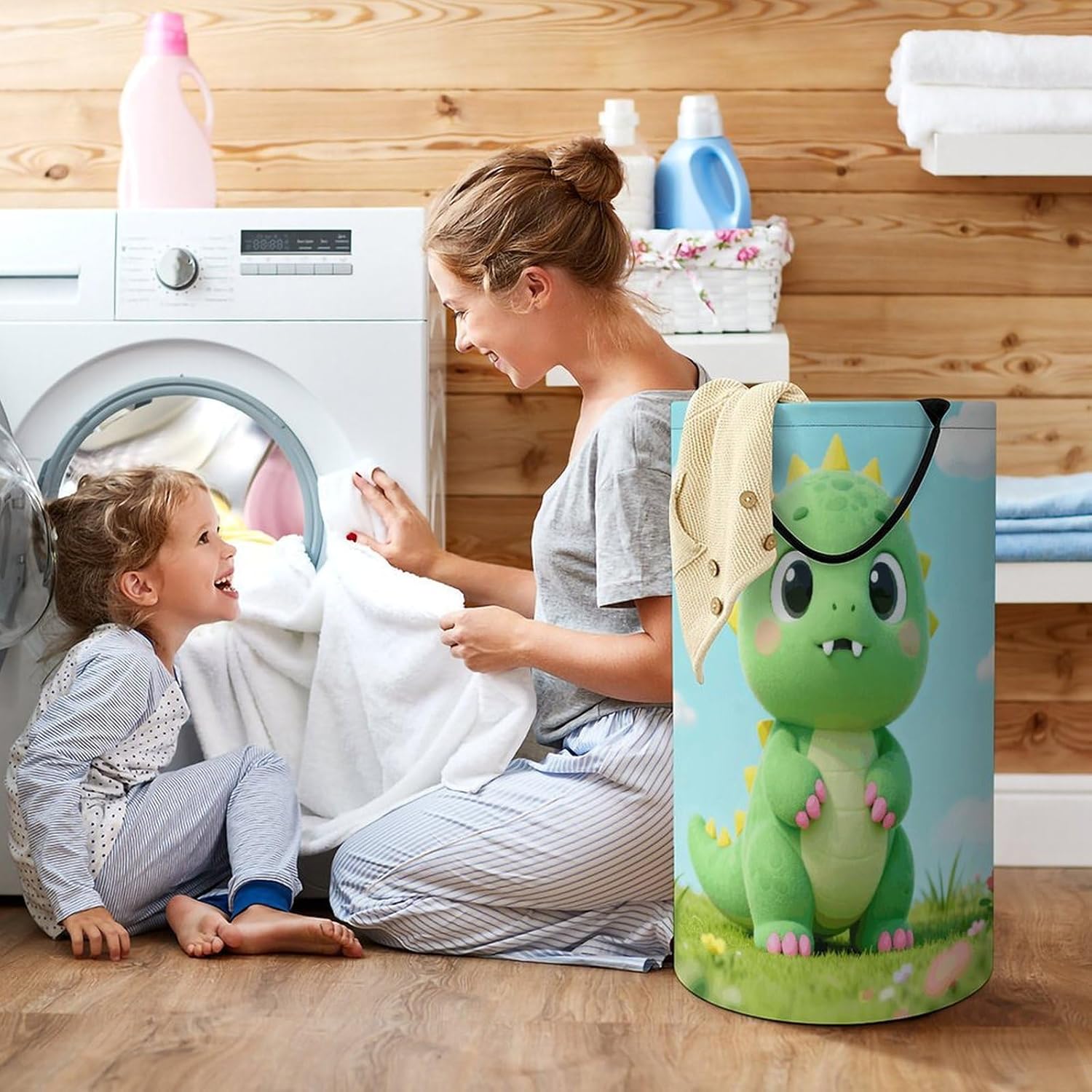 Dragon in The Flowers Laundry Hamper with Handles Waterproof Collapsible Laundry Basket Large Lightweight Round Dirty Clothes Hamper for Home Dorm Bathroom Decor