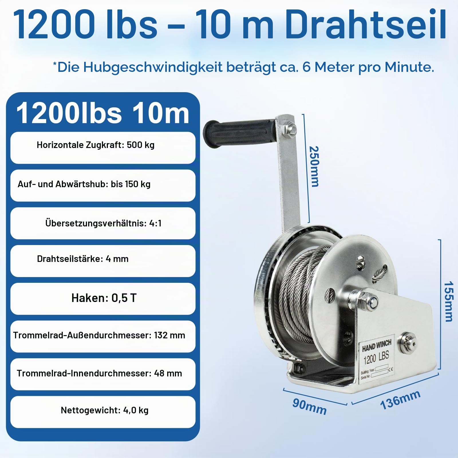 Handseilwinde mit Bremse Edelstahl, 1200lbs/2600lbs(1200lbs,10m) | Seilwinde Hand Klein mit 10m Drahtseil, Handwinde Seilwinde Manuell für Anhänger, Boot und Forst