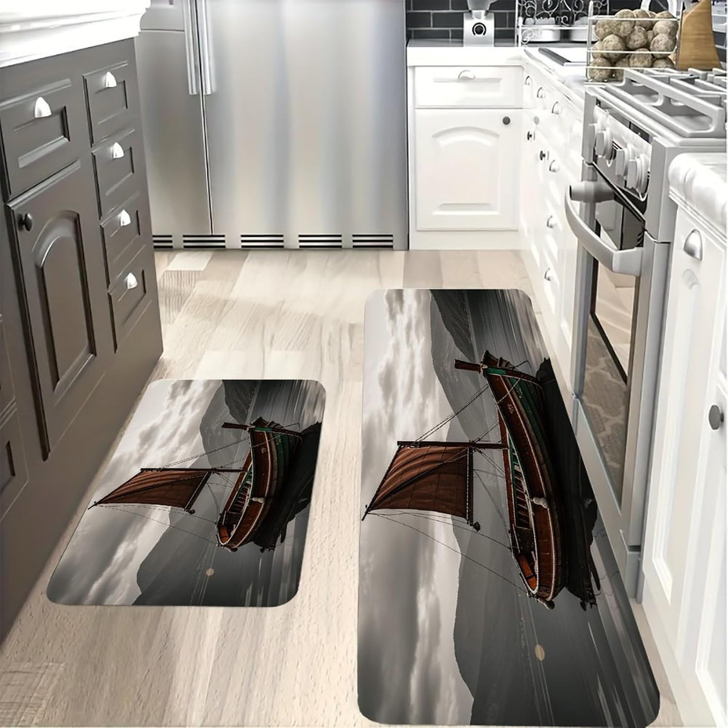 Old Boat Kitchen Mats for Floor 2PCS Waterproof Non-Slip Kitchen Rugs Cushioned Anti-Fatigue Mat Heavy Duty Floor Mats Comfort Standing Mat for Kitchen Home Office Laundry image 4