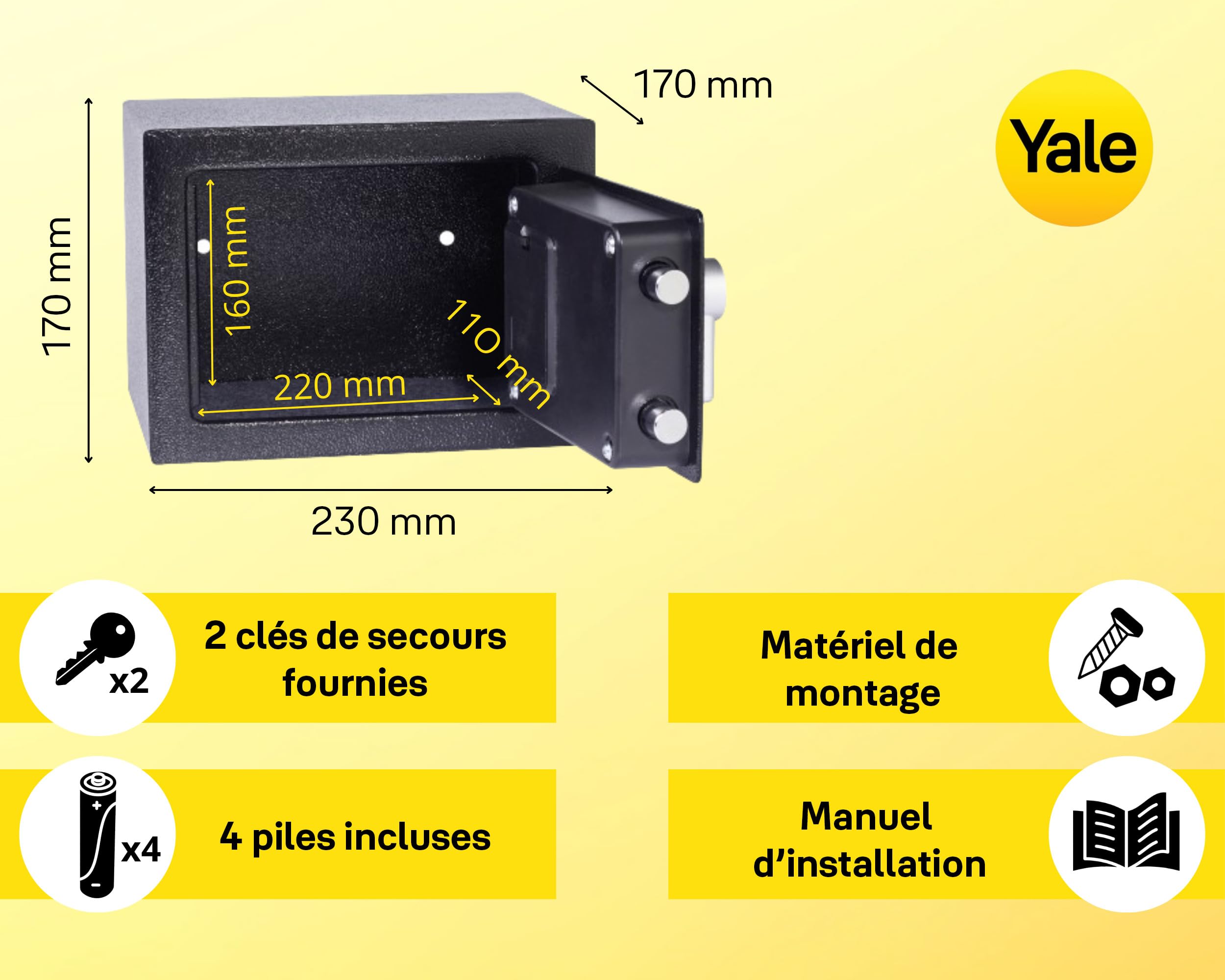 Yale Coffre-Fort Électronique - Compact 3.8L - Serrure 100 000 Combinaisons, verrou électronique Code 3 à 8 Chiffres - Dimensions 170x230x170mm YSV/170/DB2