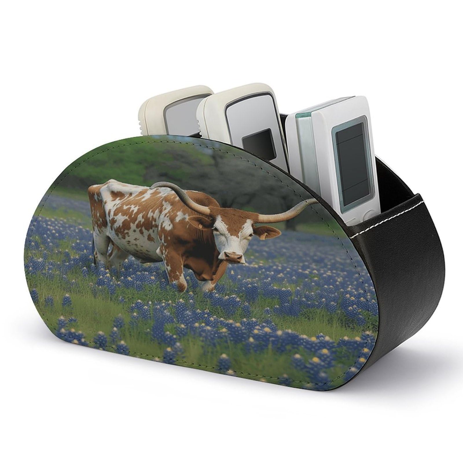 VstaDank Bluebonnet Longhorn Remote Control Holder Farmhouse TV Media Remote Storage Box with 5 Compartments PU Leather Remote Caddy Desktop Organizer for Home Bedside Table Organizer