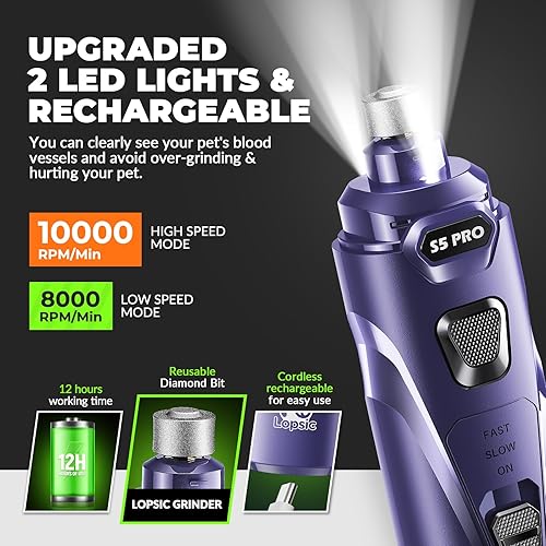 Miniatura 3 de Molinillo de uñas para perros con 2 luces LED, potente recortador de uñas de 2 velocidades con 3 muelas abrasivas, súper silencioso, recargable, kit