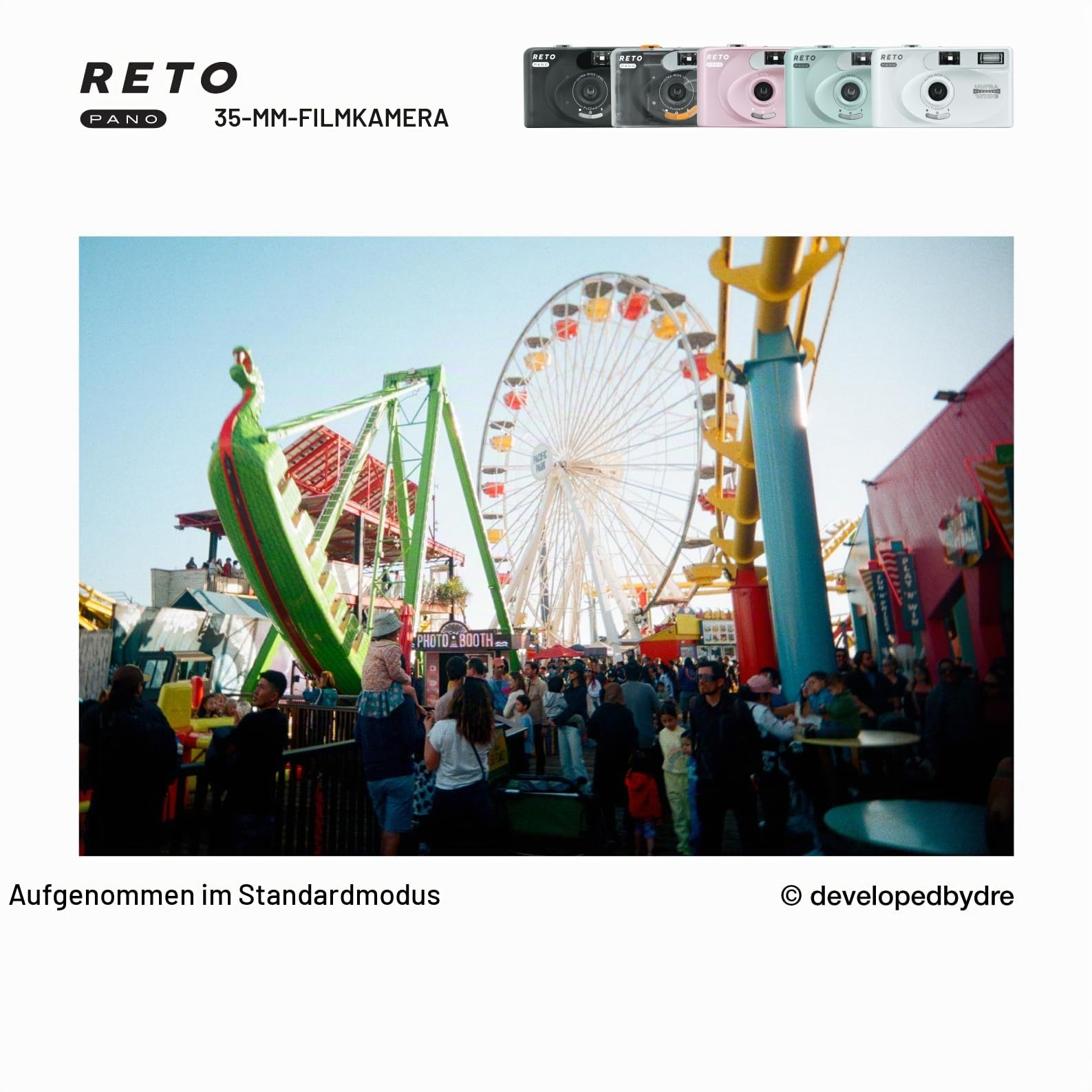 RETO PANO 35mm Filmkamera–22mm Weitwinkelobjektiv,Panorama,einfacher Wechsel,Objektivabdeckung,eingebauter Blitz(Film und AAA-Batterie sind Nicht im Lieferumfang enthalten) (Transparentes Schwarz)