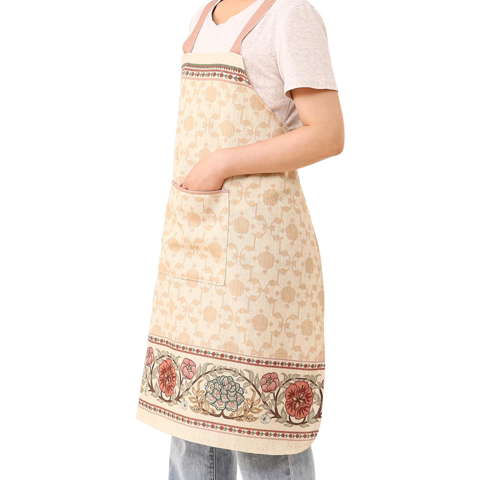 patdrea Delantal de lino floral azul con bolsillo, delantales franceses para cocina, jardín, chef, barbacoa, para mujeres y hombres, correas cruzadas en la espalda