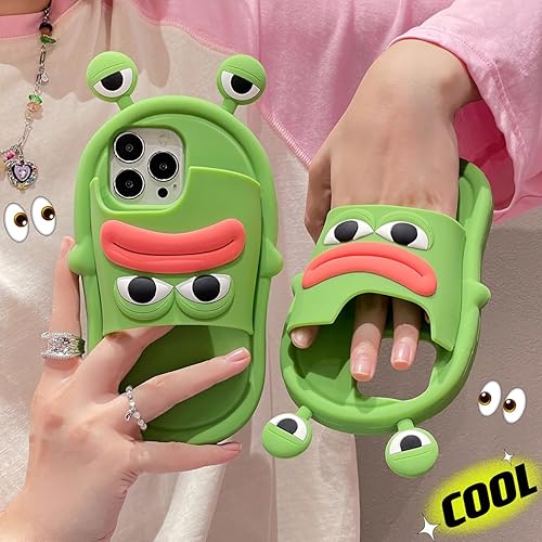 Miniatura 7 de Yatchen Fundas Kawaii para iPhone 13, bonitas fundas de teléfono con diseño de dibujos animados verdes con boca de salchicha, rana, chanclas, funda