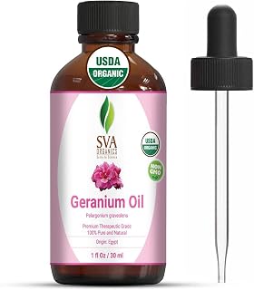 SVA Organics Egyptian Geranium Essential Oil Organic 1 Oz USDA Pure Natural Undiluted Steam Distilled Oil for Skin, Face, Body, Hair, Massage & Aromatherapy