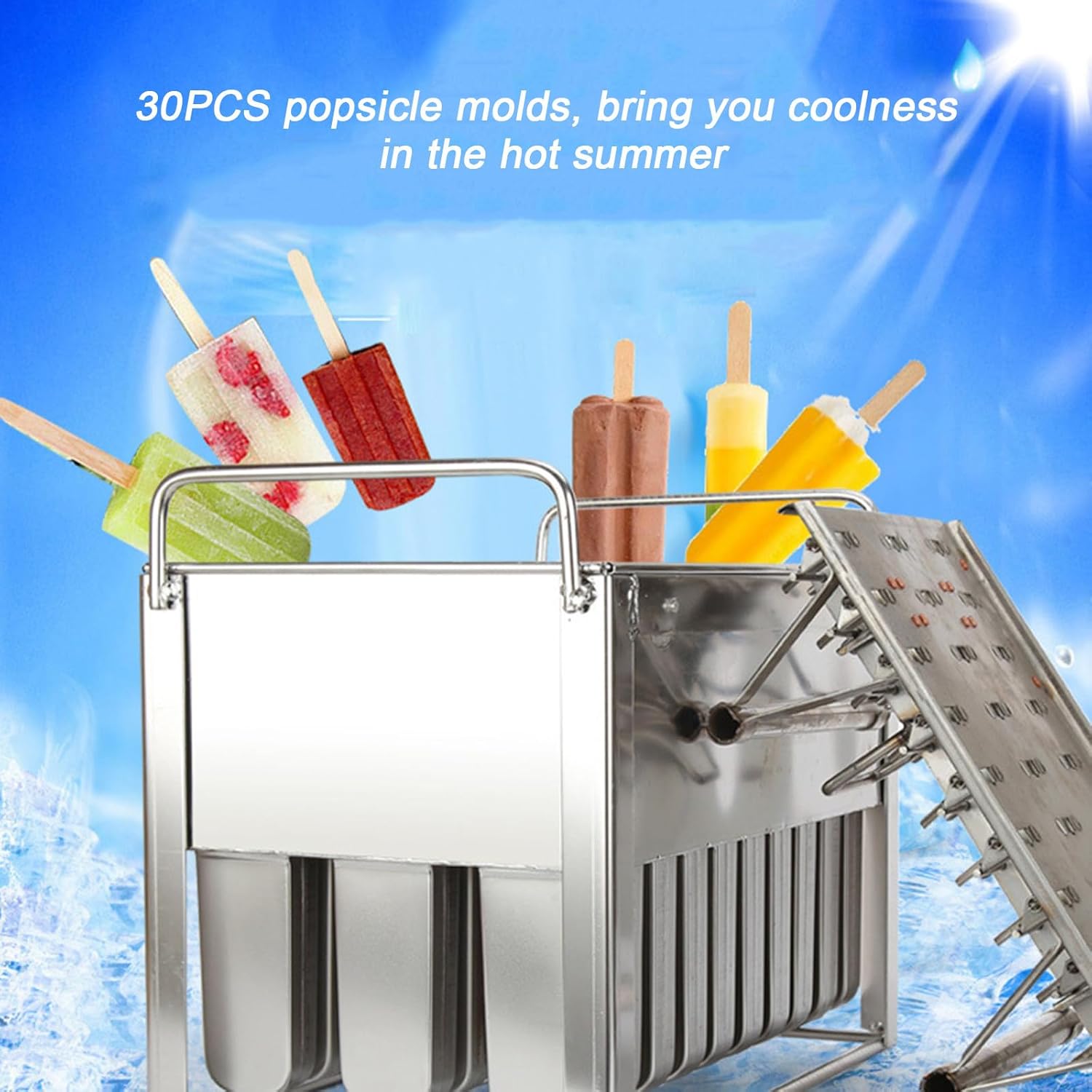 304 Stainless Steel Popsicle Mold,Commercial Popsicle Maker Ice Pop Mould,with Wooden Sticks and Cleaning Brushes,30 Grooves Molds (F)