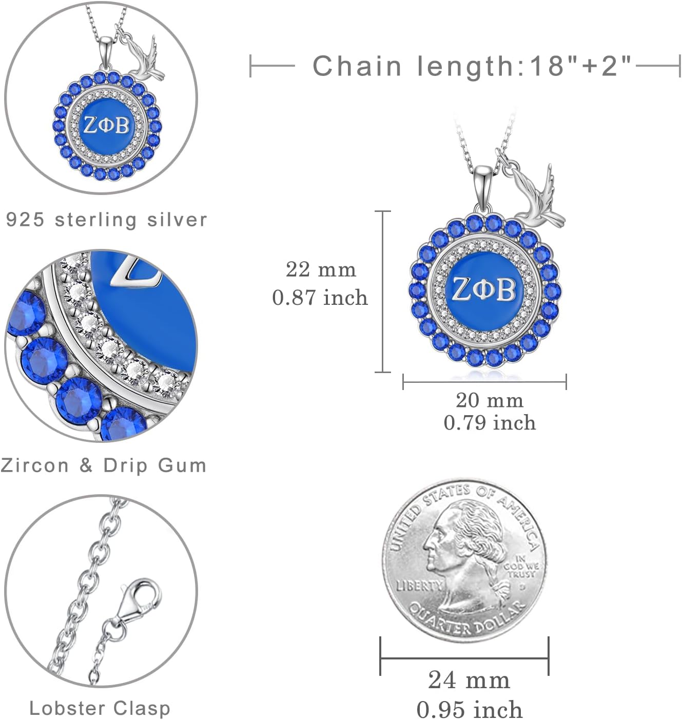 925 Sterling Silver ZPB Sorority Necklace – Blue ZPB Dove Pendant – Organization Jewelry – Sterling Silver Sorority Gifts - Image 4